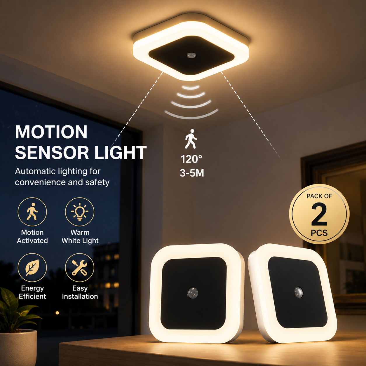 Motion Sensor LED Ceiling Light – Flush Mount, Warm White (Pack of 2)