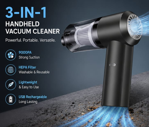 Mini Cordless Vacuum Cleaner – 3-in-1 Portable Handheld Vacuum with Blower, Powerful Suction & Washable Filter for Car, Home & Keyboard